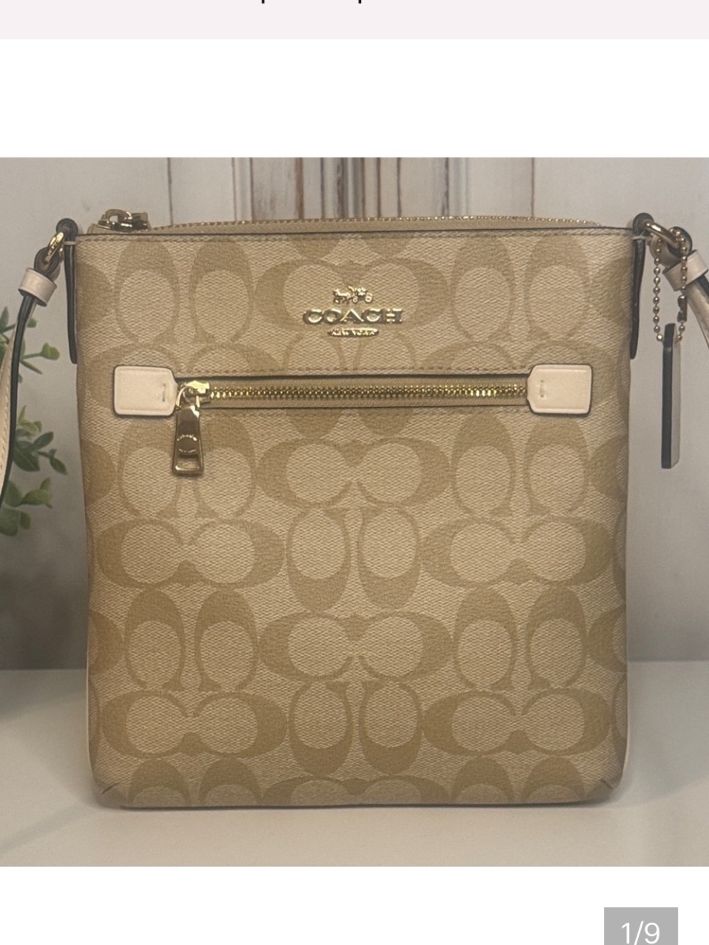 New Coach CE871 Crossgrain Leather File Crossbody Bag Khaki Chalk Gold Zip